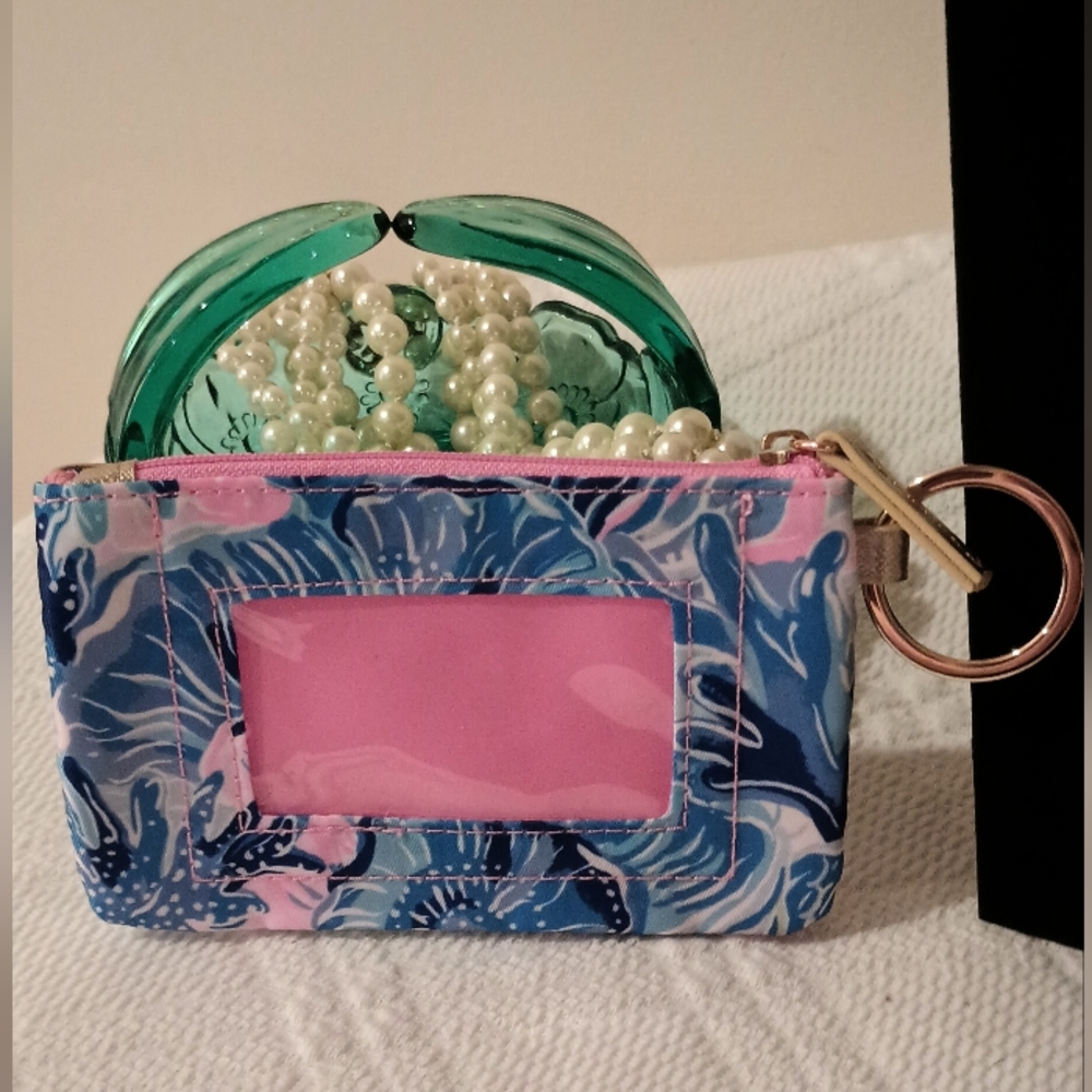 NEW Lilly Pulitzer ID Case Shade Seekers Coin Purse Keychain Gold Trim Pink Blue